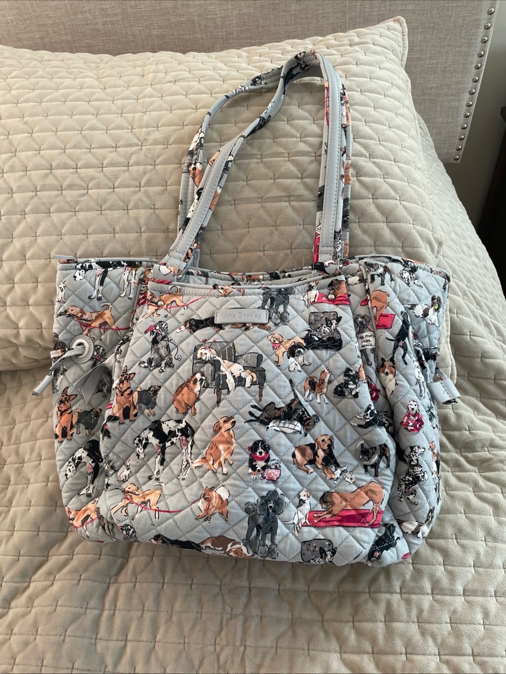 Vera Bradley Light Gray Quilted Tote with Dog Print